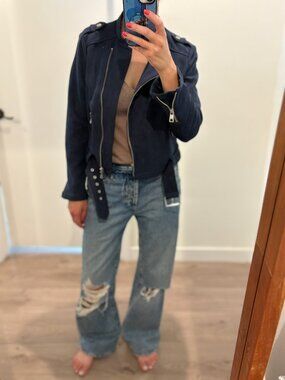 Banana Republic Lightweight Faux Suede Moto Jacket in Dark Blue, Petite Small